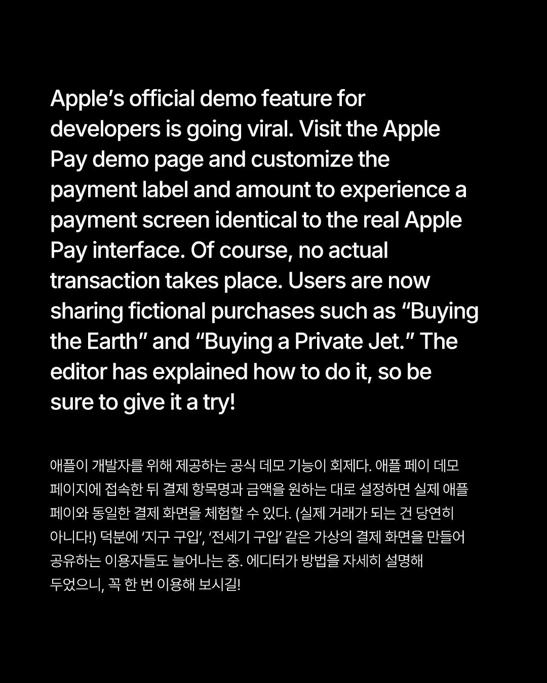 애플 페이로 지구도 살 수 있다? 개발자 데모 페이지가 SNS 밈이 되기까지 — Look 2
